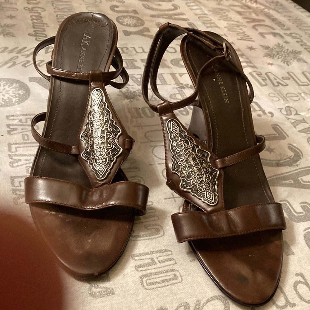 AK Anne Klein leather sandals 3” inch wedge heels wrap around ankle side buckle